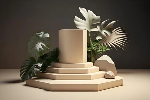 3d render empty space white terrazzo textured podium with monstera leaf hou.. Stock Illustration