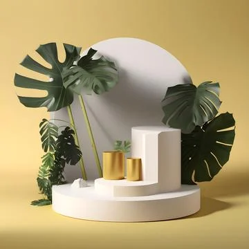 3d render empty space white podium with monstera leaf house plant. Podium f.. Stock Illustration