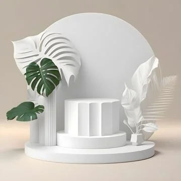 3d render empty space white terrazzo textured podium with monstera leaf hou.. Stock Illustration