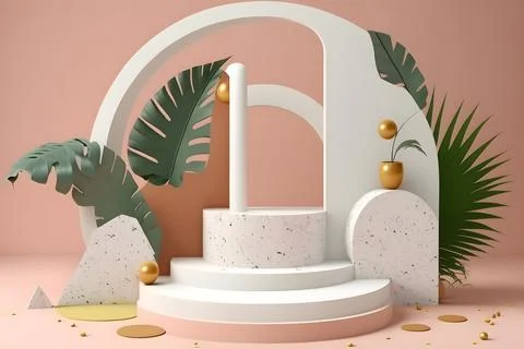 3d render empty space white terrazzo textured podium with monstera leaf hou.. Stock Illustration