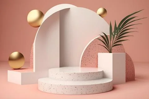 3d render empty space white terrazzo textured podium with monstera leaf hou.. Stock Illustration