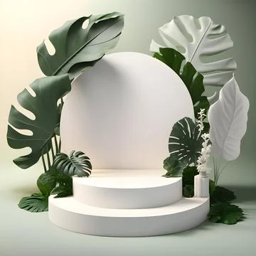 3d render empty space white terrazzo textured podium with monstera leaf hou.. Stock Illustration