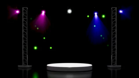 3D render of an empty white round podium on a dark stage with multiple colo.. Stock Footage 313815787