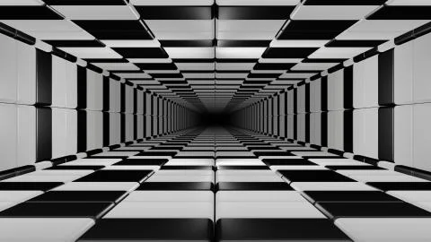 3d render endless black and white checkered tunnel Stock Illustration