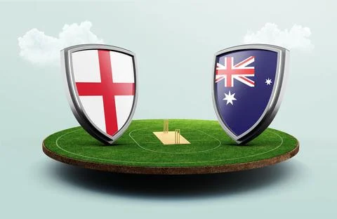 3D render of England vs Australia flag icons on a green round cricket field Stock Illustration