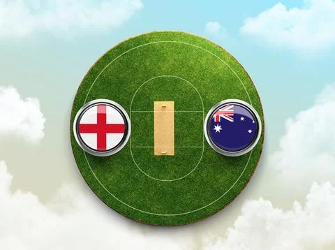 3D render of England vs Australia flag icons on a green round cricket field Stock Illustration