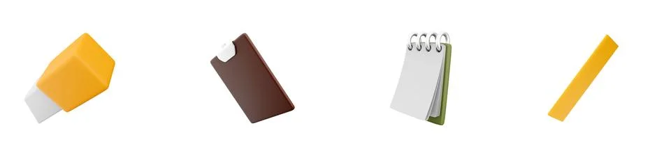 3d render eraser, folder, notebook, ruler icon set on white background. 3d Illustrazione stock