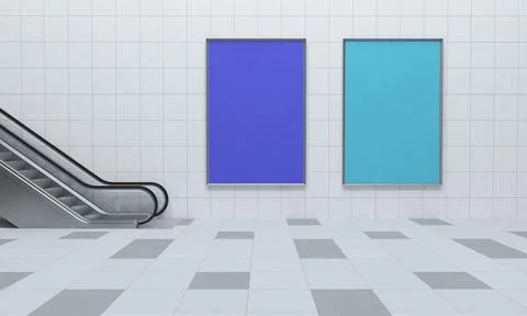 3d render of an escalator with two empty blue frames on the wall Stock Illustration