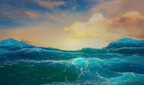 3d render evening seascape rough sea or ocean waves foam golden cumulus cloud Illustrazione stock