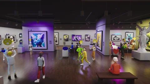 3D Render of exhibition of NFT pictures in meta universe 스톡 일러스트