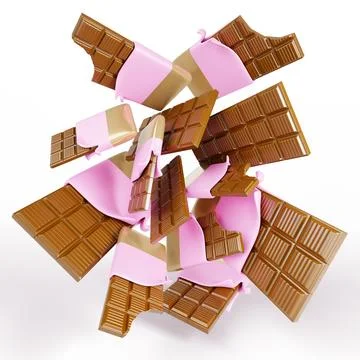 3d render explosion of chocolate bars in golden pink wrapper. Flying whole and イラスト素材