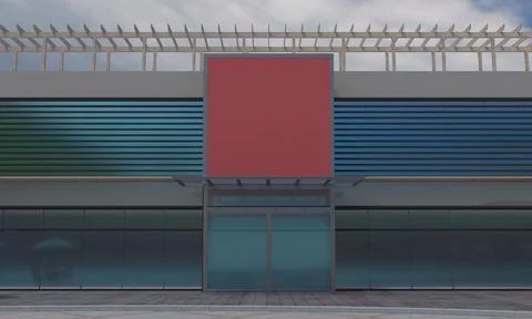 3d render of the exterior of a modern building with big glass walls Ilustración de archivo