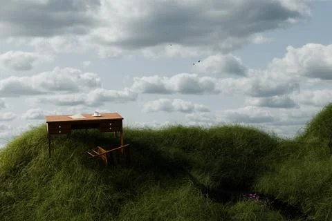 3d render of fallen chair and wooden desk outside in grassy field Ilustração Stock