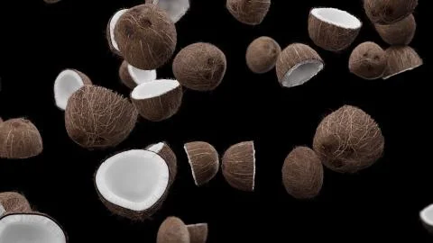 3D Render Falling coconuts on a black background Stock Illustration