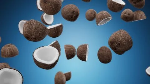 3D Render Falling coconuts on a blue background Stock Illustration