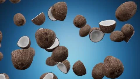 3D Render Falling coconuts on a blue background Illustrazione stock