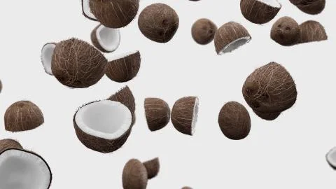 3D Render Falling coconuts on a white background Stock Illustration