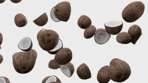 3D Render Falling coconuts on a white background Stock Illustration