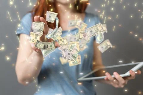 3D render of Falling dollars on banknotes background Stock Photos