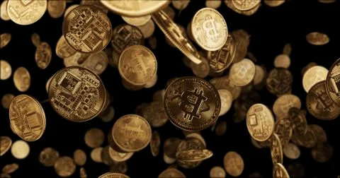 3D render Falling gold coins bitcoin Illustrazione stock