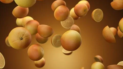 3d render falling oranges on an orange background Stock Illustration