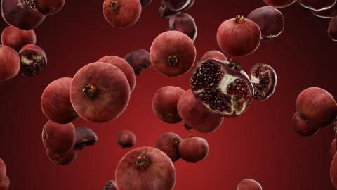 3d render Falling pomegranate on a red background 스톡 일러스트
