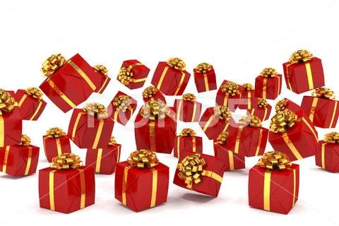 3d render of falling red christmas presents Stock Illustration