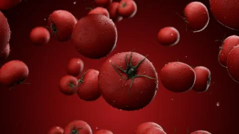 3d render Falling tomatoes with water drops on a red background Stock Illustration