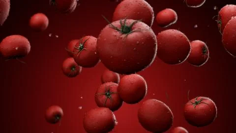 3d render Falling tomatoes with water drops on a red background Stock Illustration