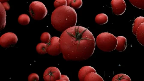 3d render Falling tomatoes with water drops Stock Illustration