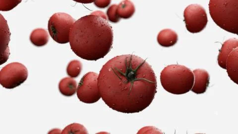 3d render Falling tomatoes with water drops on a white background Stock Illustration