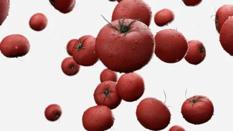 3d render Falling tomatoes with water drops on a white background Stock Illustration