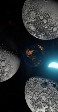 3d render, fantasy 3 moons and the earth with the sun with the milky way Stock Illustration