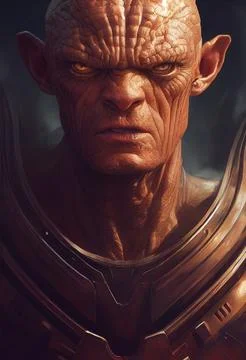 3D render of a fantasy alien with a serious expression in plate armor, ready for Illustrazione stock