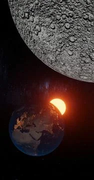 3d render, fantasy moon with craters close-up and earth map of europe, asia Illustrazione stock