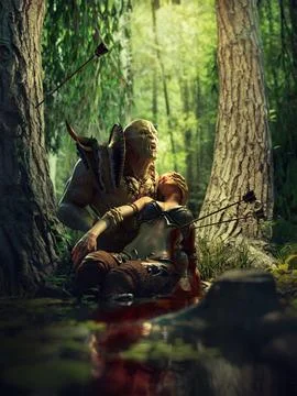 3D render of a fantasy scene with an orc holding his fallen comrade - a blonde g Stock Illustration