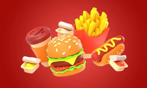 3d render fast food burger, french fries, coffee Stock Illustration