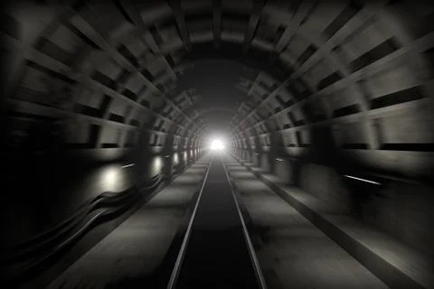 3d render: Fast train travel in the subway tunnel. View from the driver cabin Stock Illustration