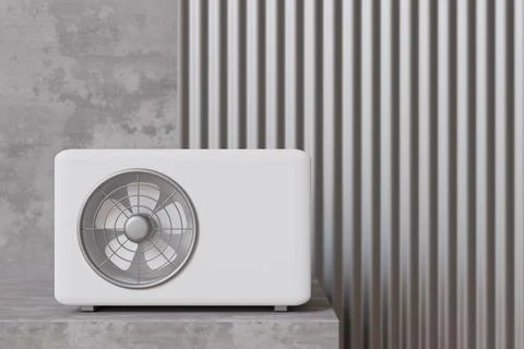 This 3D render features an air source heat pump elegantly placed on a surfa.. Stock Illustration
