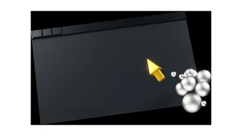 A 3D render features a blank black tablet with a floating arrow and spheres Иллюстрация
