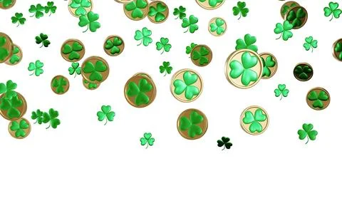 A 3D render features green clovers and gold coins falling down against white  Illustrazione stock