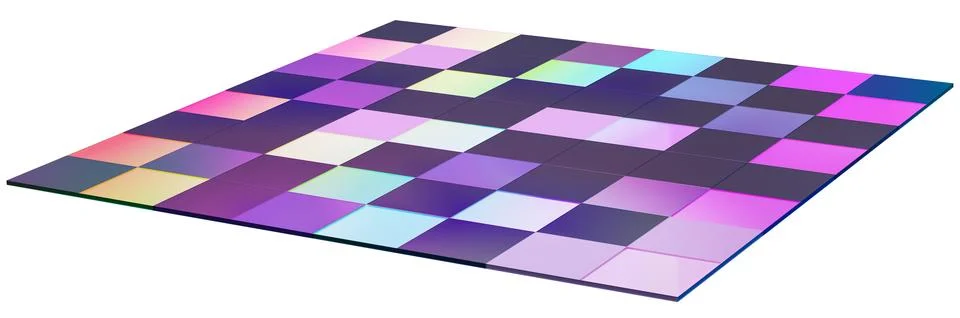 This 3D render features a neon lighted disco floor viewed from the side, disp Stock Photos