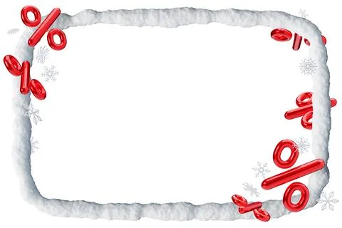 A 3D render features a snowy frame surrounded by shiny red percentage signs.. イラスト素材
