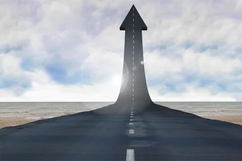 3D render is featuring arrow-shaped asphalt road rising from sandy shore toward Stock Illustration
