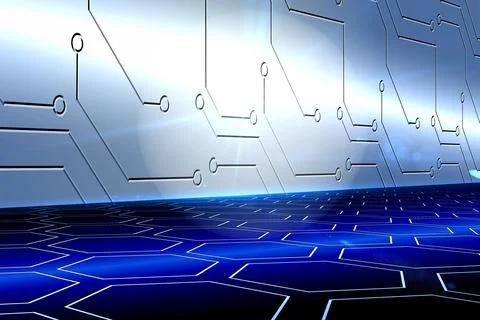 3D render is featuring glowing blue hexagonal grid floor with metallic circuit Stock Illustration