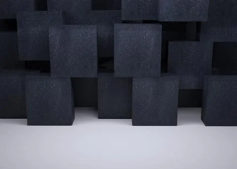 3D render is featuring staggered charcoal-gray textured cubes casting soft 库存插图