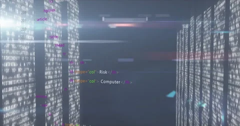 3D render featuring vertical panels streaming binary code, overlaid with HTML Stock Footage 307452877