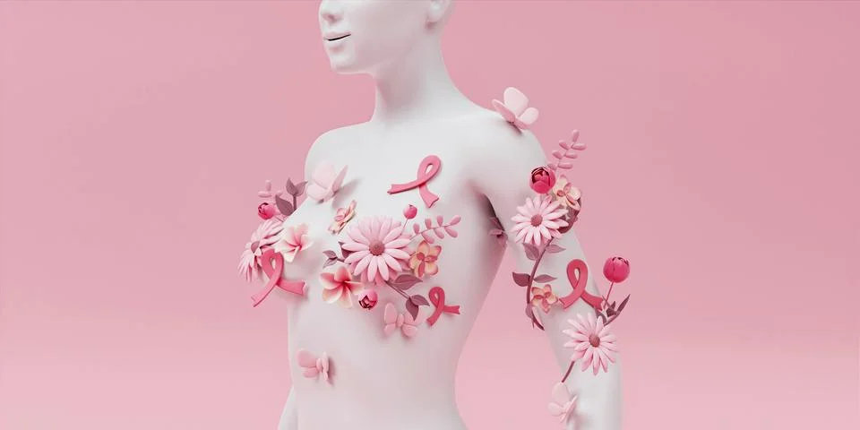 3d render, female bust, white mannequin covered with colorful paper flowers Stock Illustration