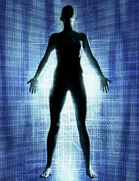 3d render female robot levitating on blue cyberspace background. Illustrazione stock