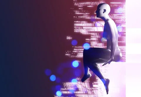 3d render female robot sitting on pink glowing stand. Stock Illustration